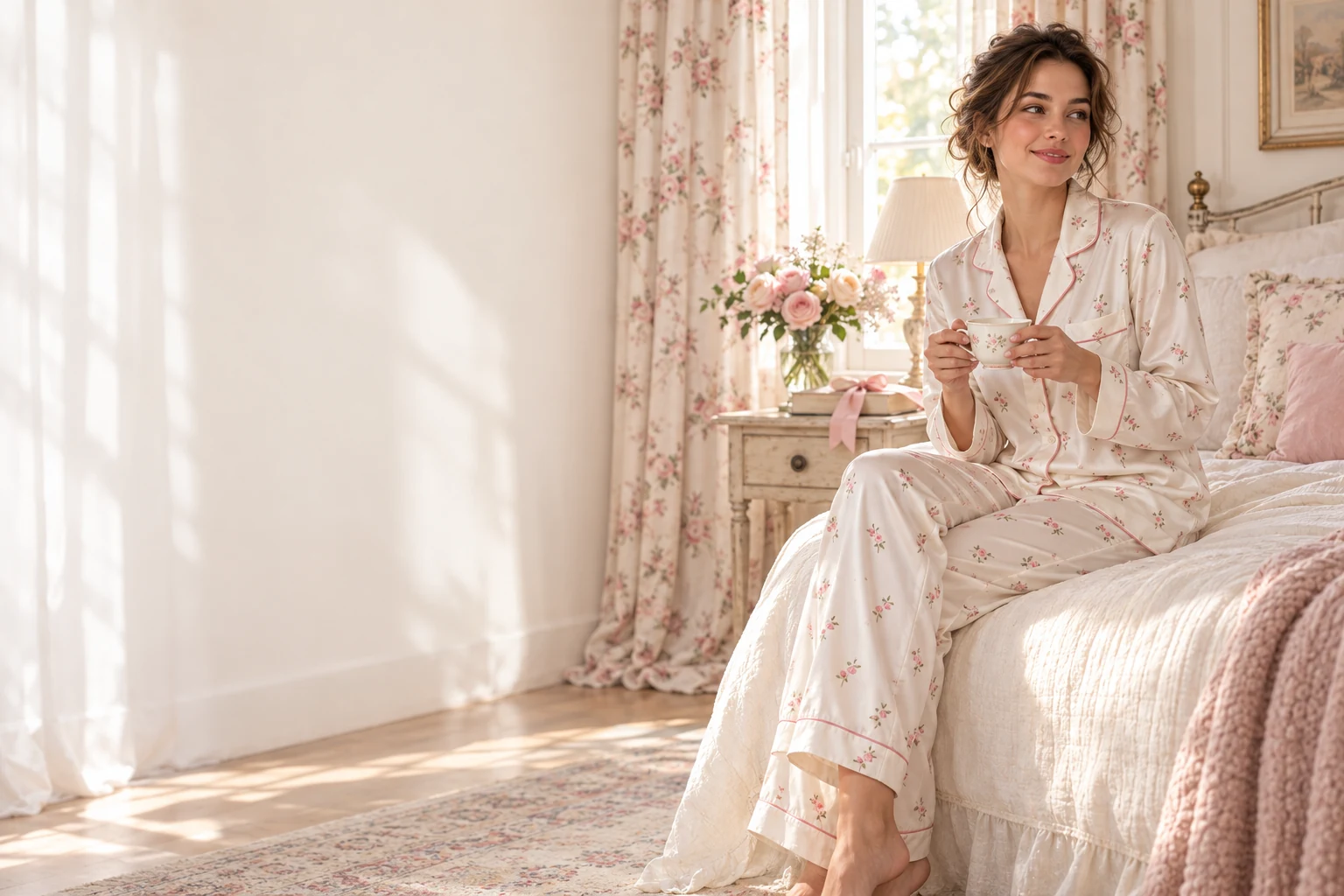 Rosebud floral pajamas in a sunlit bedroom
